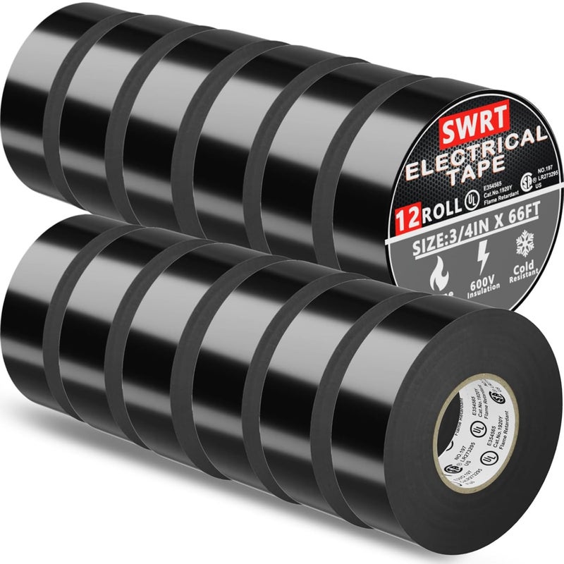 SWRT 12 Pack UL/CSA Listed Black Electrical Tape 7 mils -600V, 0.75 in x 66 FT Electric Tape Flame Retardant, Strong Adhesive, for Home DIY Electrical Repairs Professional Installations - Image 1